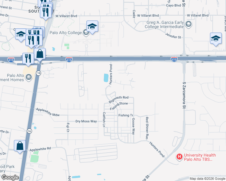map of restaurants, bars, coffee shops, grocery stores, and more near 2111 Bigmouth Hook in San Antonio