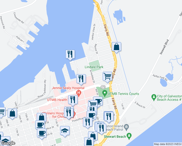 map of restaurants, bars, coffee shops, grocery stores, and more near 7094 North Holiday Drive in Galveston