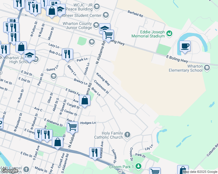 map of restaurants, bars, coffee shops, grocery stores, and more near 1321 Crestmont Street in Wharton