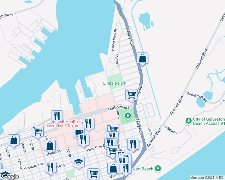 map of restaurants, bars, coffee shops, grocery stores, and more near 7092 North Holiday Drive in Galveston