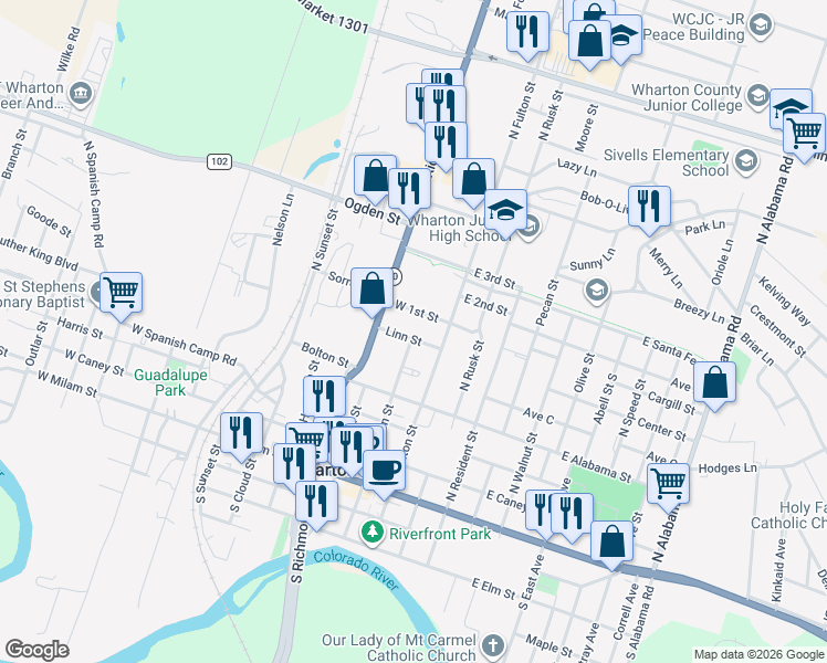 map of restaurants, bars, coffee shops, grocery stores, and more near 117 Linn Street in Wharton