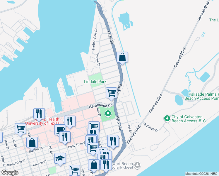 map of restaurants, bars, coffee shops, grocery stores, and more near 125 Tuna Avenue in Galveston