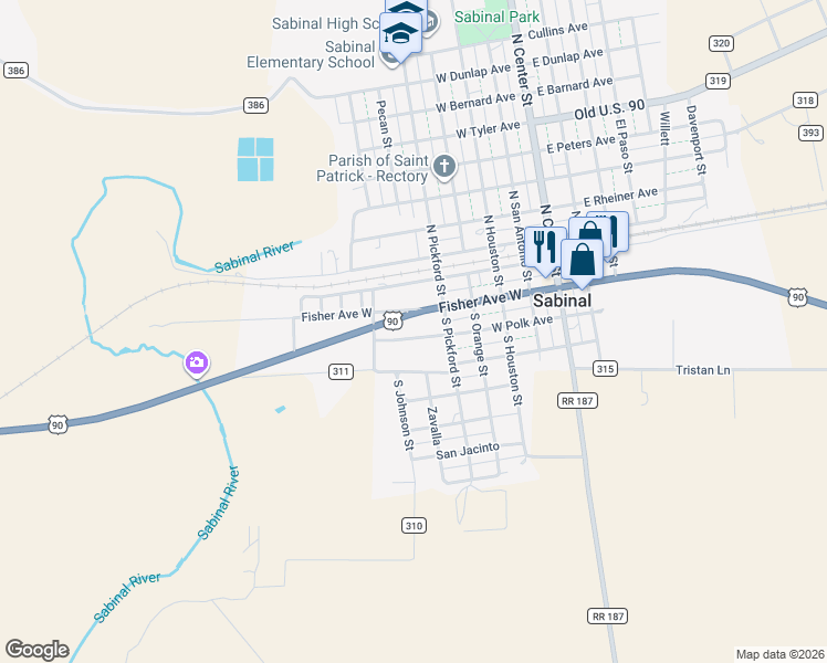 map of restaurants, bars, coffee shops, grocery stores, and more near 525 West Polk Avenue in Sabinal