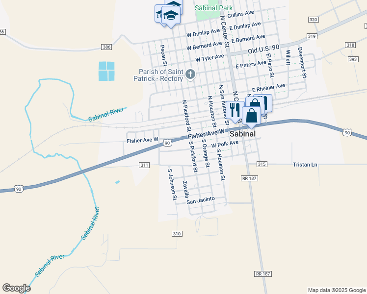 map of restaurants, bars, coffee shops, grocery stores, and more near 203 South Pickford Street in Sabinal