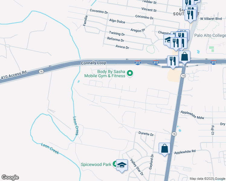 map of restaurants, bars, coffee shops, grocery stores, and more near 10363 Texas 16 in San Antonio