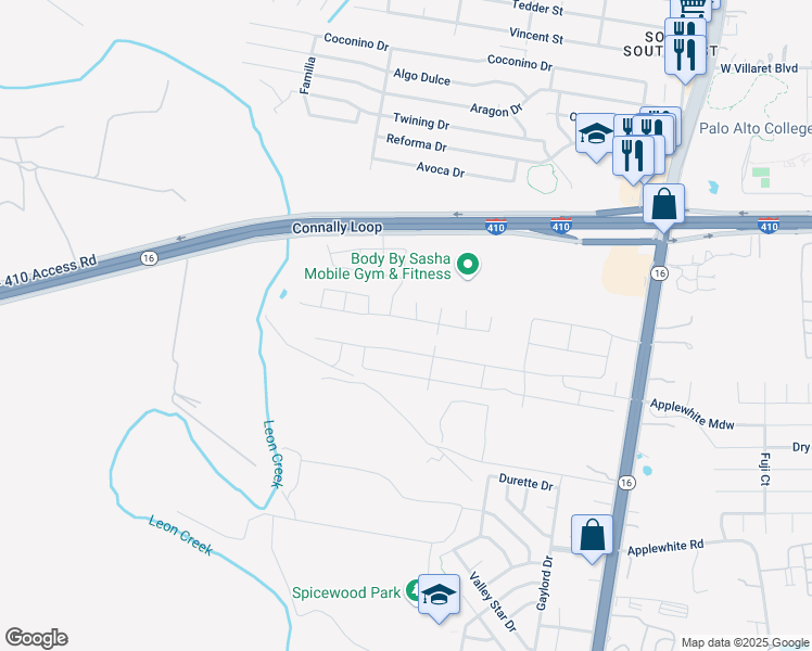 map of restaurants, bars, coffee shops, grocery stores, and more near 10363 Texas 16 in San Antonio