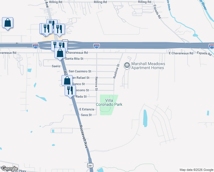 map of restaurants, bars, coffee shops, grocery stores, and more near 1710 Socorro in San Antonio