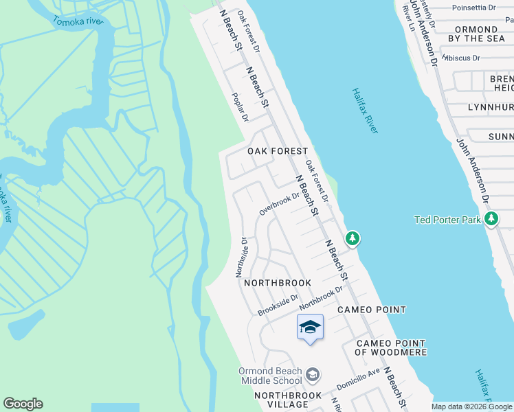 map of restaurants, bars, coffee shops, grocery stores, and more near 1316 Overbrook Drive in Ormond Beach