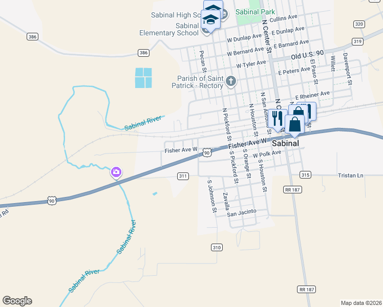 map of restaurants, bars, coffee shops, grocery stores, and more near 525 West Polk Avenue in Sabinal