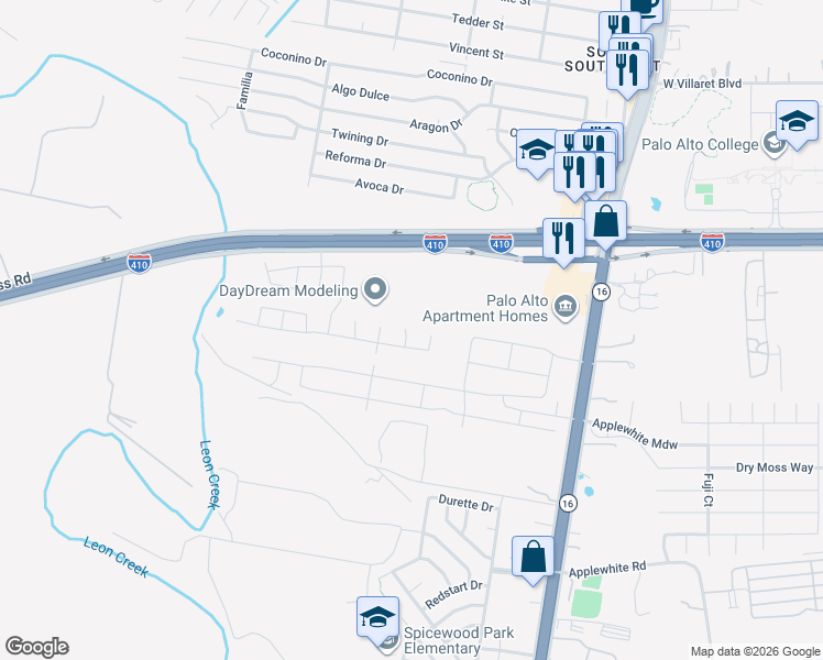 map of restaurants, bars, coffee shops, grocery stores, and more near 10351 Highway 16 in San Antonio