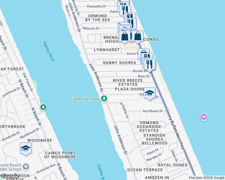 map of restaurants, bars, coffee shops, grocery stores, and more near 49 Plaza Drive in Ormond Beach
