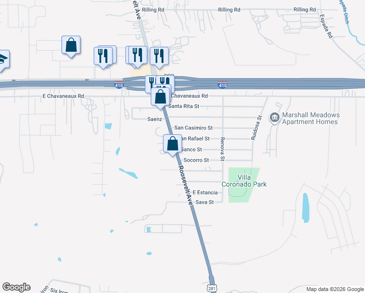 map of restaurants, bars, coffee shops, grocery stores, and more near 1410 San Rafael Street in San Antonio