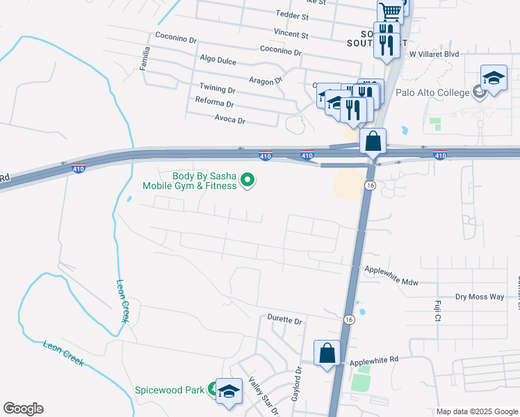 map of restaurants, bars, coffee shops, grocery stores, and more near 10351 Highway 16 in San Antonio