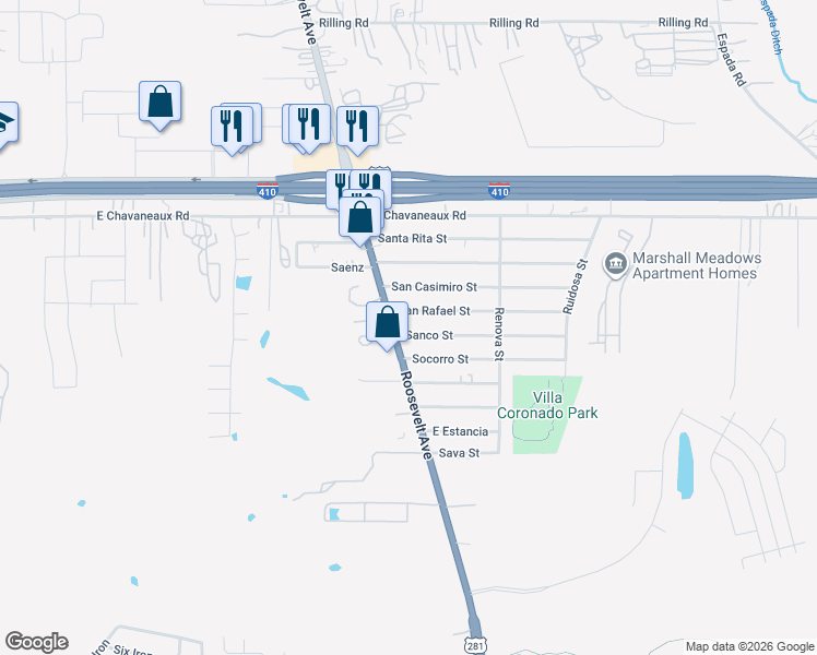 map of restaurants, bars, coffee shops, grocery stores, and more near 1410 San Rafael Street in San Antonio