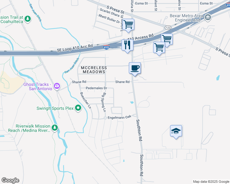 map of restaurants, bars, coffee shops, grocery stores, and more near 10007 Raspberry Oak in San Antonio