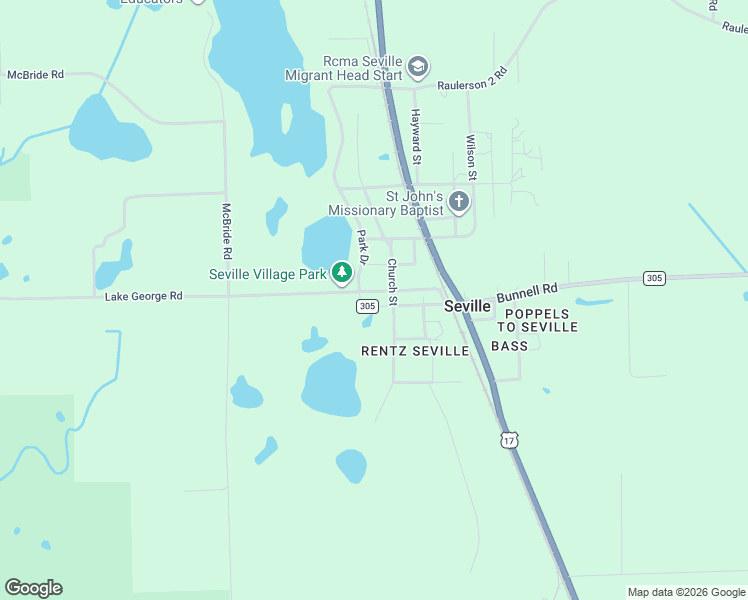 map of restaurants, bars, coffee shops, grocery stores, and more near 250 Lake George Road in Seville