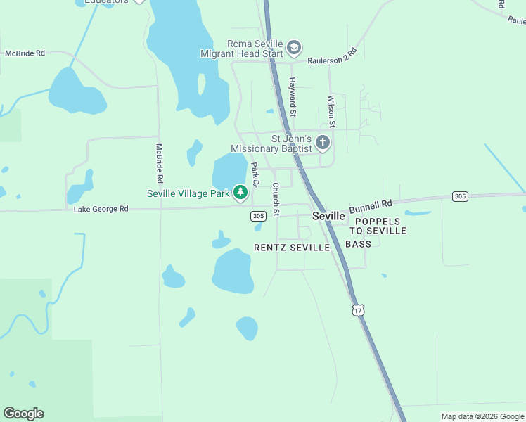 map of restaurants, bars, coffee shops, grocery stores, and more near 250 Lake George Road in Seville