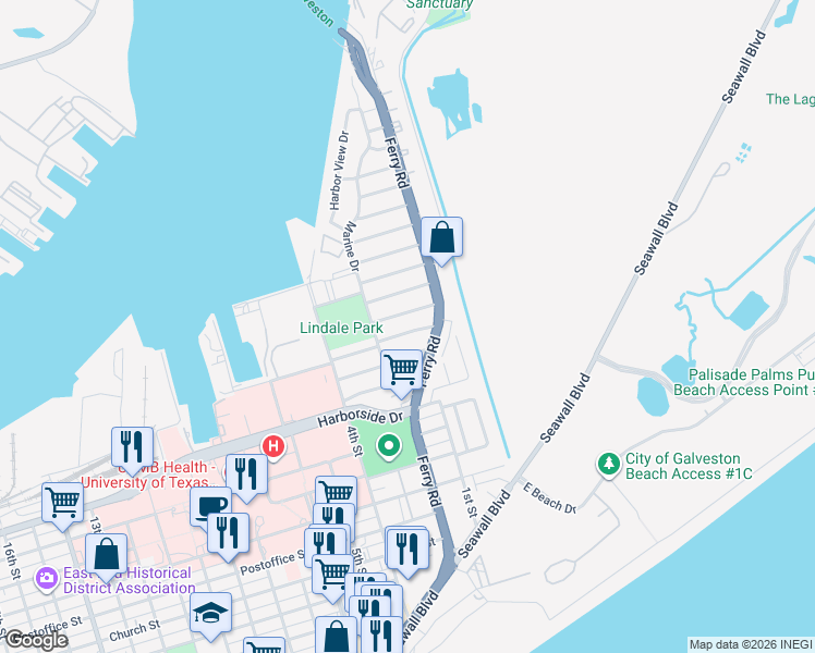 map of restaurants, bars, coffee shops, grocery stores, and more near 106 Barracuda Avenue in Galveston