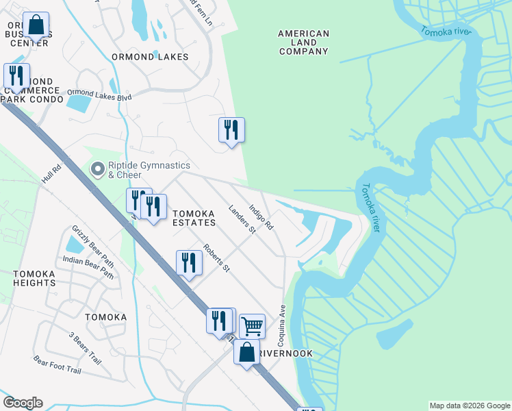 map of restaurants, bars, coffee shops, grocery stores, and more near 1118 Shockney Lane in Ormond Beach