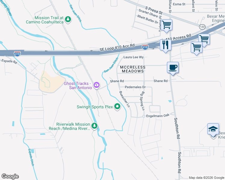 map of restaurants, bars, coffee shops, grocery stores, and more near 10003 Buescher Lane in San Antonio