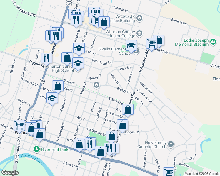 map of restaurants, bars, coffee shops, grocery stores, and more near 798 Breezy Lane in Wharton