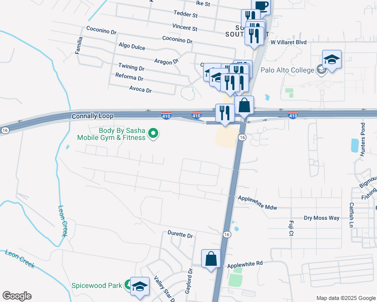 map of restaurants, bars, coffee shops, grocery stores, and more near 3139 Mission Gate in San Antonio