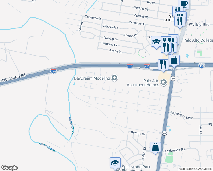 map of restaurants, bars, coffee shops, grocery stores, and more near 10003 Rancho Real Road in San Antonio