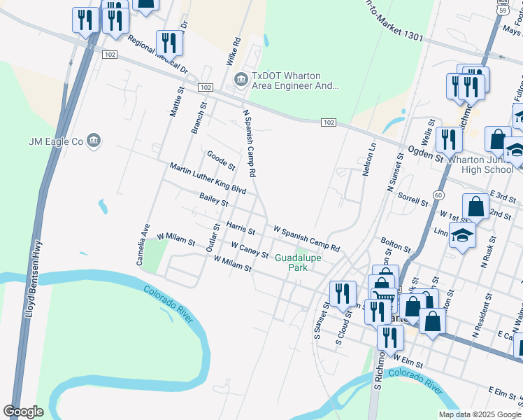 map of restaurants, bars, coffee shops, grocery stores, and more near 1206 Bailey Street in Wharton