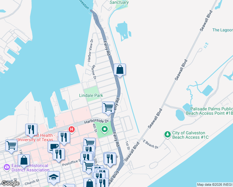 map of restaurants, bars, coffee shops, grocery stores, and more near 106 Barracuda Avenue in Galveston
