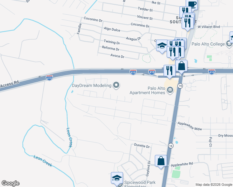 map of restaurants, bars, coffee shops, grocery stores, and more near 10351 Texas 16 in San Antonio