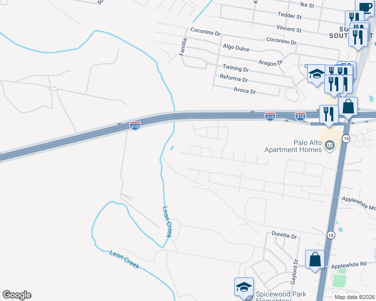 map of restaurants, bars, coffee shops, grocery stores, and more near 10357 Poteet Jourdanton Freeway in San Antonio