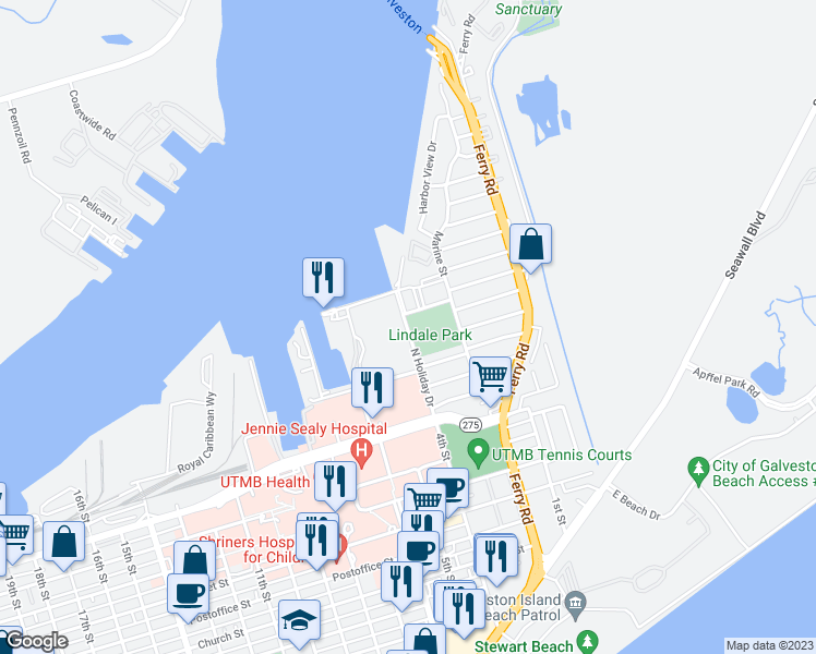 map of restaurants, bars, coffee shops, grocery stores, and more near 7027 North Holiday Drive in Galveston