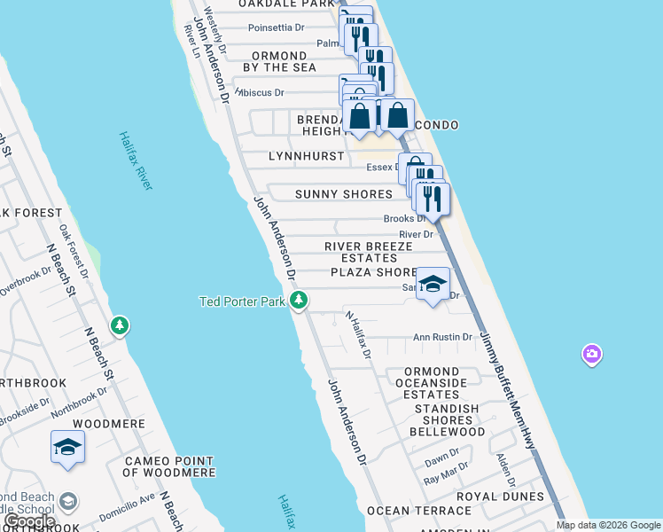 map of restaurants, bars, coffee shops, grocery stores, and more near 49 Plaza Dr in Ormond Beach