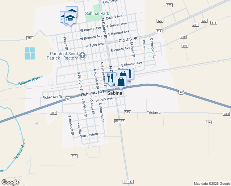 map of restaurants, bars, coffee shops, grocery stores, and more near in Sabinal