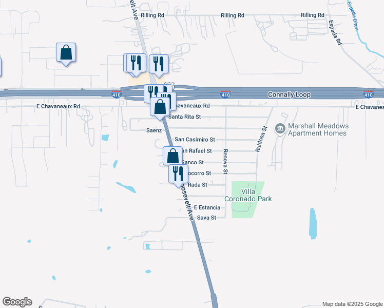 map of restaurants, bars, coffee shops, grocery stores, and more near 1410 San Rafael Street in San Antonio