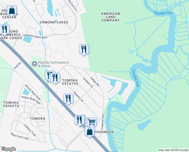 map of restaurants, bars, coffee shops, grocery stores, and more near 1118 Shockney Lane in Ormond Beach