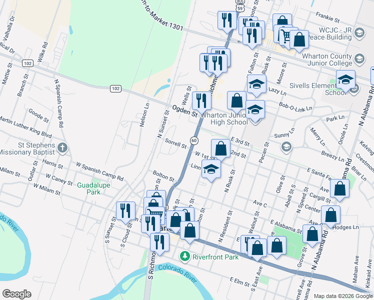 map of restaurants, bars, coffee shops, grocery stores, and more near 623 North Richmond Road in Wharton