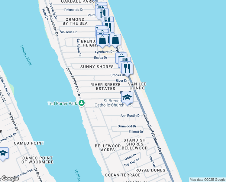 map of restaurants, bars, coffee shops, grocery stores, and more near 21 Plaza Drive in Ormond Beach