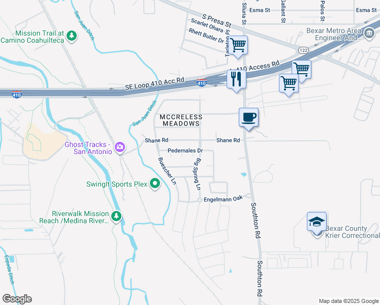 map of restaurants, bars, coffee shops, grocery stores, and more near 10003 Matagorda Cove in San Antonio