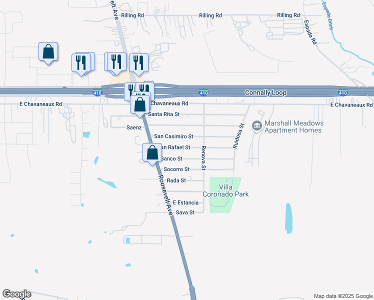 map of restaurants, bars, coffee shops, grocery stores, and more near 1502 San Rafael Street in San Antonio