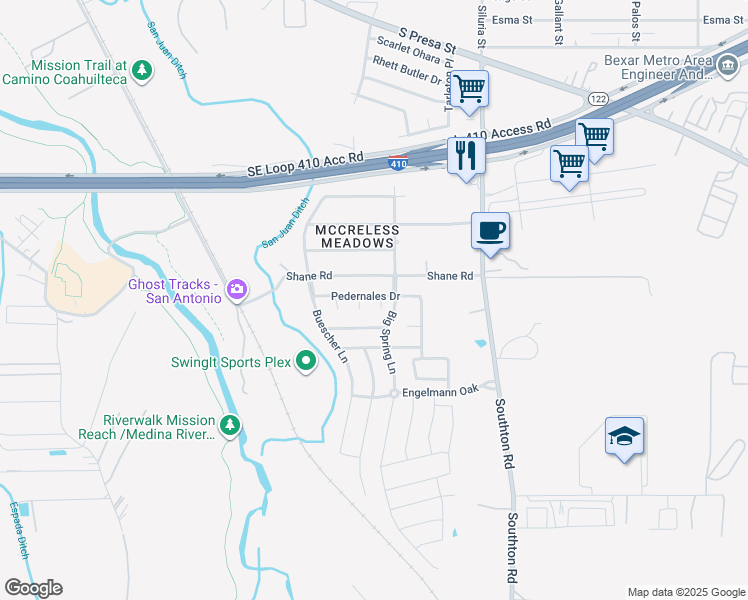 map of restaurants, bars, coffee shops, grocery stores, and more near 10003 Matagorda Cove in San Antonio