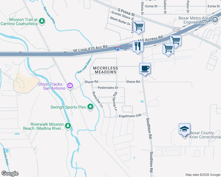 map of restaurants, bars, coffee shops, grocery stores, and more near 10003 Matagorda Cove in San Antonio