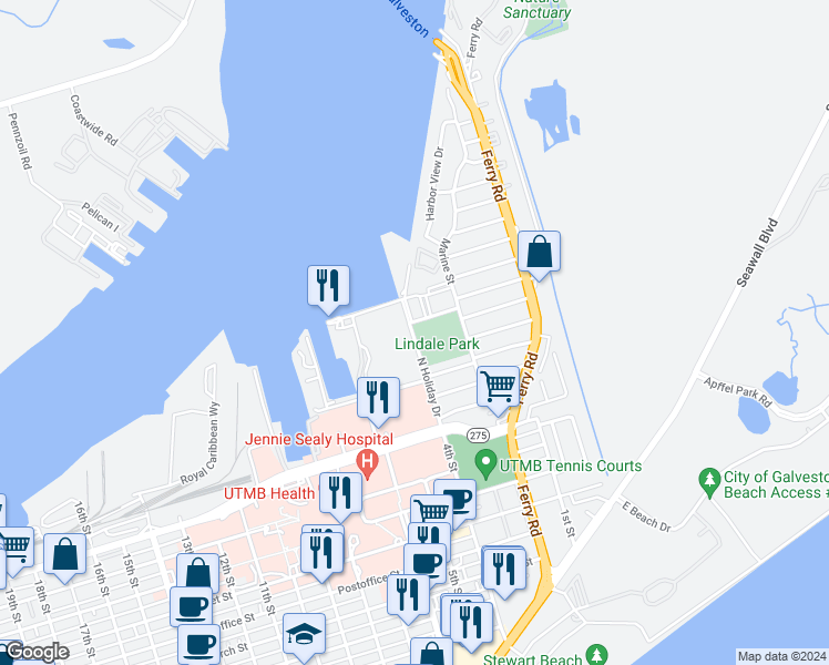 map of restaurants, bars, coffee shops, grocery stores, and more near 7020 North Holiday Drive in Galveston
