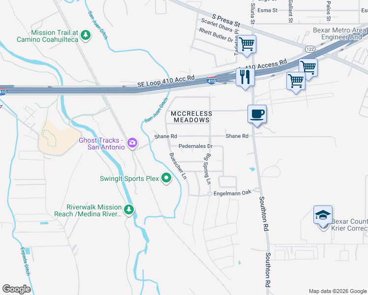 map of restaurants, bars, coffee shops, grocery stores, and more near 10002 Bradley Oak in San Antonio