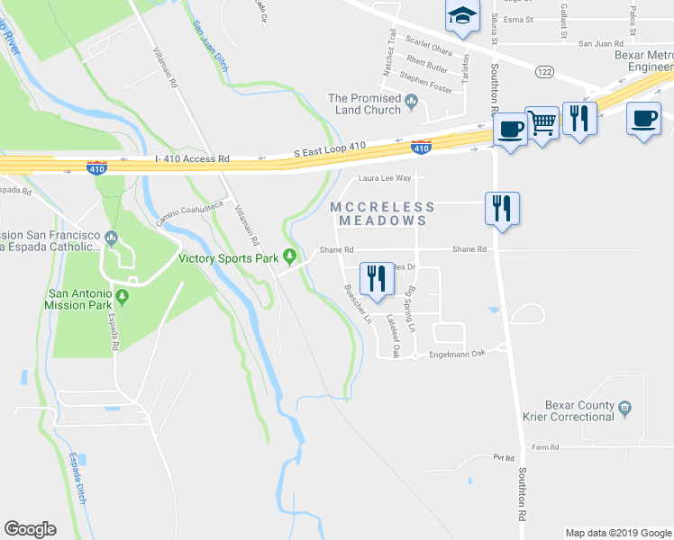 map of restaurants, bars, coffee shops, grocery stores, and more near 10003 Buescher Lane in San Antonio