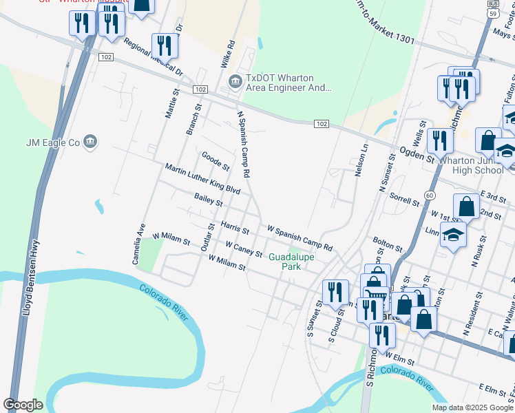 map of restaurants, bars, coffee shops, grocery stores, and more near 1206 Bailey Street in Wharton