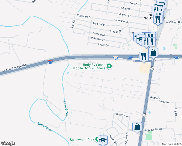 map of restaurants, bars, coffee shops, grocery stores, and more near 10003 Rancho Real Road in San Antonio