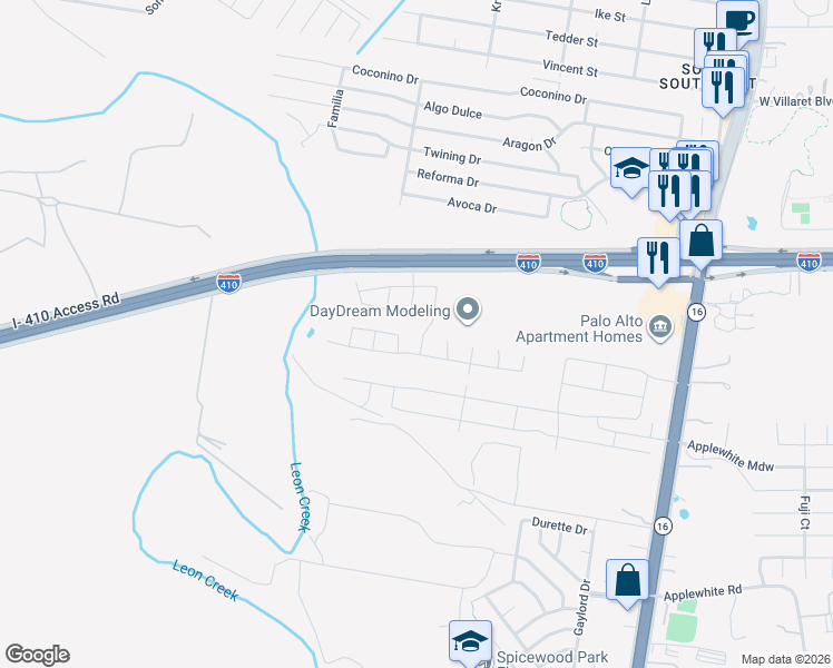 map of restaurants, bars, coffee shops, grocery stores, and more near 10003 Rancho Real Road in San Antonio