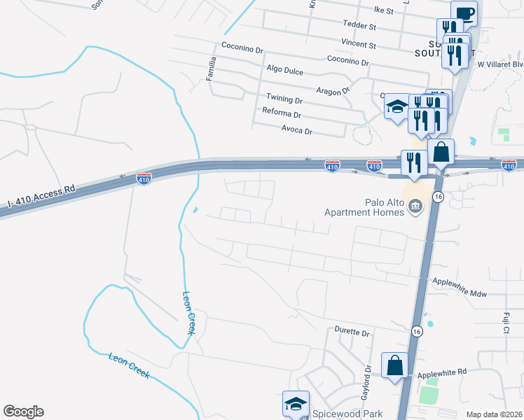 map of restaurants, bars, coffee shops, grocery stores, and more near 10003 Rancho Real Road in San Antonio
