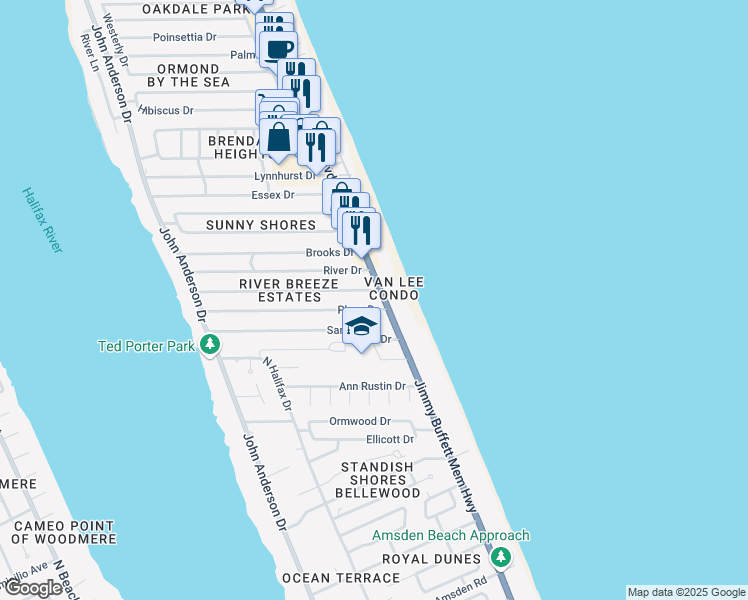map of restaurants, bars, coffee shops, grocery stores, and more near in Ormond-by-the-Sea